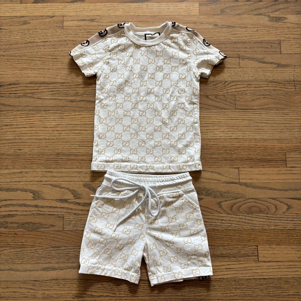 Gucci Kids 2Y 92 GG Monogram Logo T-Shirt and Shorts Set White Tan Made in Italy